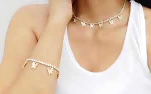 Brass 16in Tennis Necklace and Bracelet Set w/ Dangling Butterflies - Kollection by Kauriel