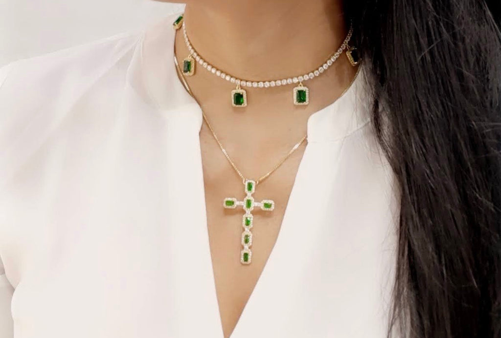 Brass Gold w/ Green Emerald Cubic Zirconia Chocker Cross Necklace - Kollection by Kauriel