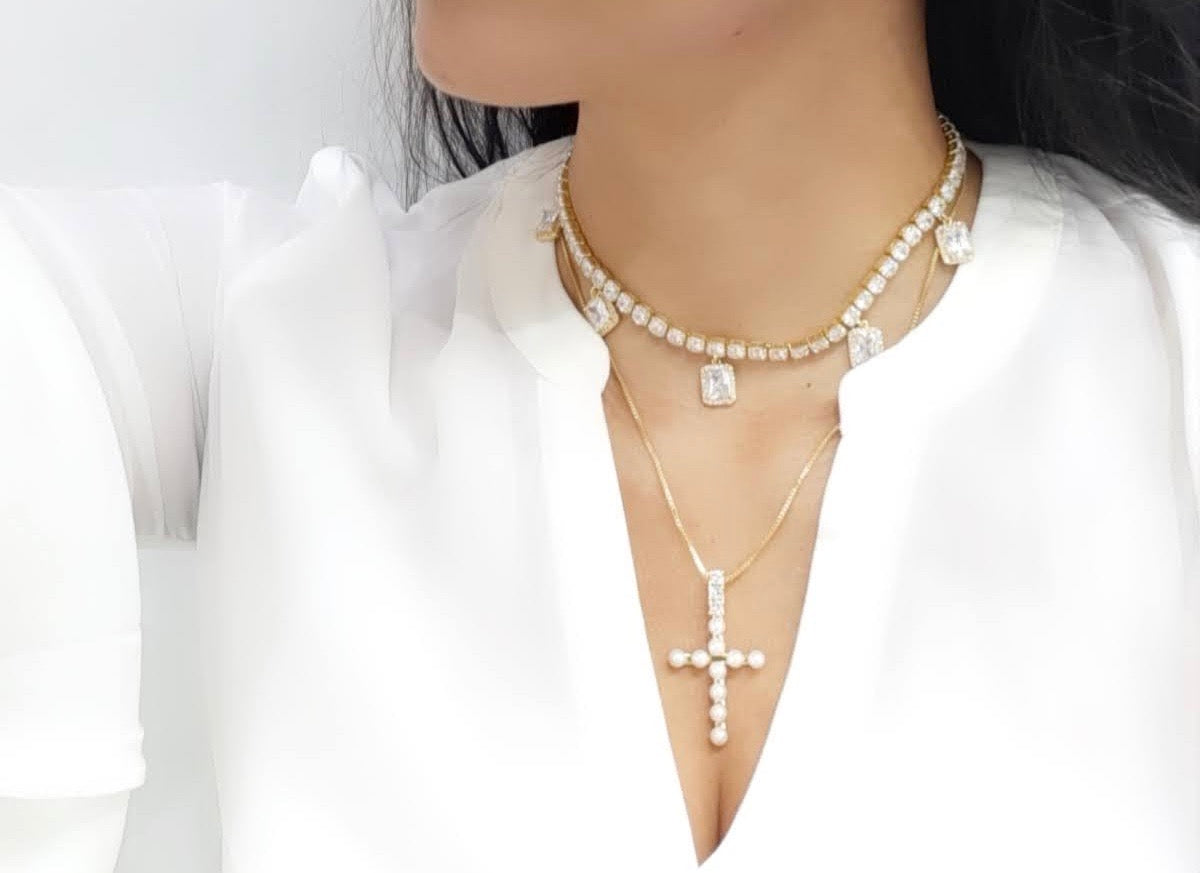 Brass Gold w/ Clear Cubic Zirconia Chocker & Brass Cross Necklace - Kollection by Kauriel